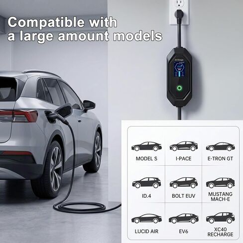 شاحن EV من المستوى 2 من GROWNEER لـ J1772/Tesla، شاحن EV سريع 40A/9.6kW، 120-240V NEMA 14-50P، تيار قابل للتعديل وتأخير توقيت لـ J1772 BEVs/PHEVs، كابل 25FT، مع محول Tesla NACS in Kuwait