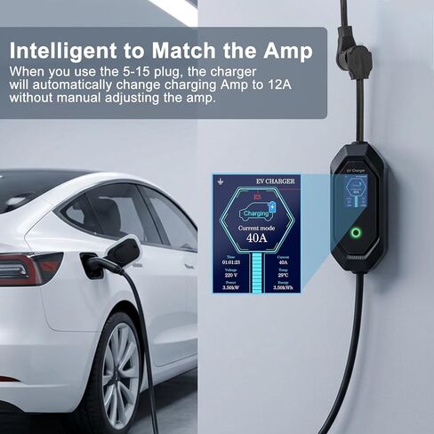 شاحن EV من المستوى 2 من GROWNEER لـ J1772/Tesla، شاحن EV سريع 40A/9.6kW، 120-240V NEMA 14-50P، تيار قابل للتعديل وتأخير توقيت لـ J1772 BEVs/PHEVs، كابل 25FT، مع محول Tesla NACS in Kuwait
