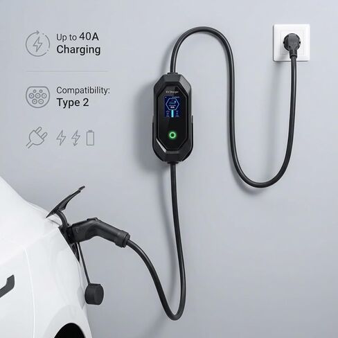 شاحن EV من المستوى 2 من GROWNEER لـ J1772/Tesla، شاحن EV سريع 40A/9.6kW، 120-240V NEMA 14-50P، تيار قابل للتعديل وتأخير توقيت لـ J1772 BEVs/PHEVs، كابل 25FT، مع محول Tesla NACS in Kuwait