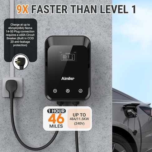 شاحن AIMILER المستوى 2 EV، 48A/11.5kW، محطات شحن المركبات الكهربائية المعتمدة من ETL للمنزل المستوى 2، كابل طويل 25 قدمًا مع قابس 240 فولت Nema 14-50p، يدعم التحكم في التطبيق WiFi (2.4 جرام) أو التوصيل والتشغيل in Kuwait