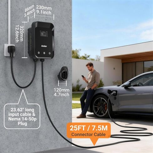 شاحن AIMILER المستوى 2 EV، 48A/11.5kW، محطات شحن المركبات الكهربائية المعتمدة من ETL للمنزل المستوى 2، كابل طويل 25 قدمًا مع قابس 240 فولت Nema 14-50p، يدعم التحكم في التطبيق WiFi (2.4 جرام) أو التوصيل والتشغيل in Kuwait