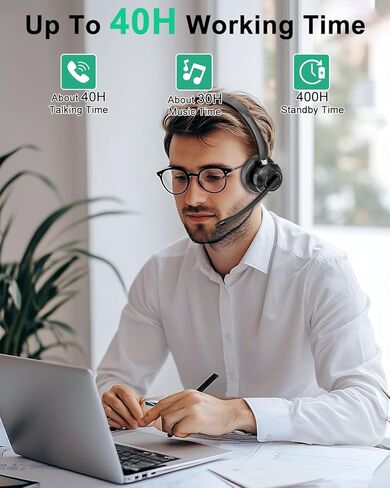 Blue Air Wireless Headset with Microphone, Bluetooth Headphones with Mic Noise Cancelling & Mute, USB Dongle, Charging Base for Work/Computer/Laptop/Phone/Office/Skype, Black in Saudi Arabia