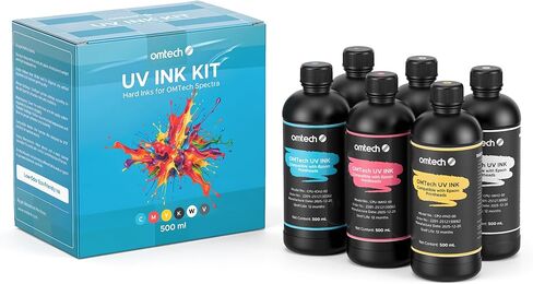 مجموعة حبر طابعة OMTech 500 مل بالأشعة فوق البنفسجية، 6 ألوان CMYK + أبيض + ورنيش، حبر قابل للمعالجة بالأشعة فوق البنفسجية منخفض الرائحة، متوافق مع F1080 I1600 XP600 I3200 L1800 L800 R1390 L1300 DX7، لمعدن زجاج الأكريليك in Kuwait