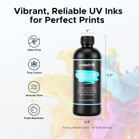 مجموعة حبر طابعة OMTech 500 مل بالأشعة فوق البنفسجية، 6 ألوان CMYK + أبيض + ورنيش، حبر قابل للمعالجة بالأشعة فوق البنفسجية منخفض الرائحة، متوافق مع F1080 I1600 XP600 I3200 L1800 L800 R1390 L1300 DX7، لمعدن زجاج الأكريليك in Kuwait