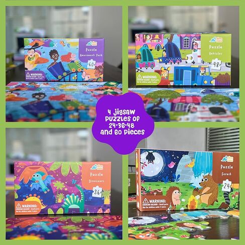 Dinomini Floor Puzzles for Toddlers 4-in-1 Value Pack - 4 x Puzzles for Toddlers 2-4 - 24, 36, 48 & 60 Pieces - Preschool Learning Activities - Learning & Educational Toys in Kuwait