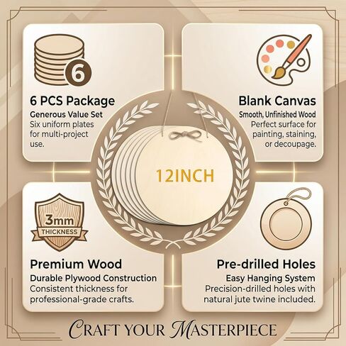 6 Pack Round Wooden Discs, Unfinished Wood Circles for Crafts DIY Projects Painting, Holiday Decorations Wooden Door Hanger Signs, 12 Inch in Kuwait