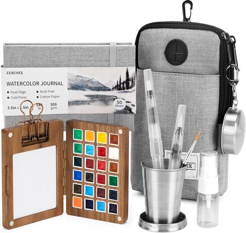 Mini Watercolor Paint Set, 24 Colors Mini Watercolor Travel Set, Pocket Travel Paint Kit with Watercolor Palette, Crossbody Bag, Watercolor Journal, Metal Clip, Water Cup, Spray Bottle, Water Brushes in Kuwait