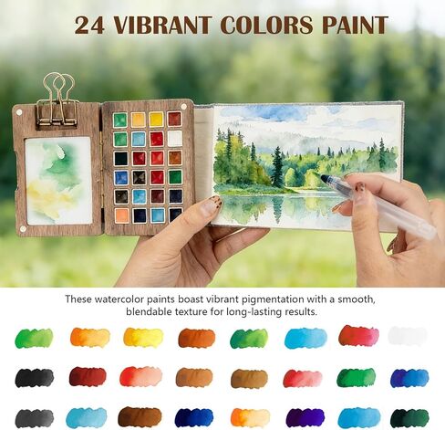 Mini Watercolor Paint Set, 24 Colors Mini Watercolor Travel Set, Pocket Travel Paint Kit with Watercolor Palette, Crossbody Bag, Watercolor Journal, Metal Clip, Water Cup, Spray Bottle, Water Brushes in Kuwait