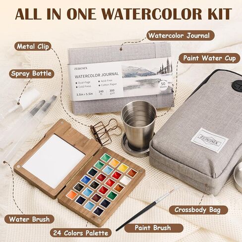 Mini Watercolor Paint Set, 24 Colors Mini Watercolor Travel Set, Pocket Travel Paint Kit with Watercolor Palette, Crossbody Bag, Watercolor Journal, Metal Clip, Water Cup, Spray Bottle, Water Brushes in Kuwait