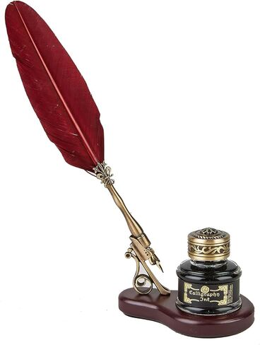 Nostalgic Impressions Feather Quill Pen & Wood Stand Desk Set with Ink (Black) in Saudi Arabia