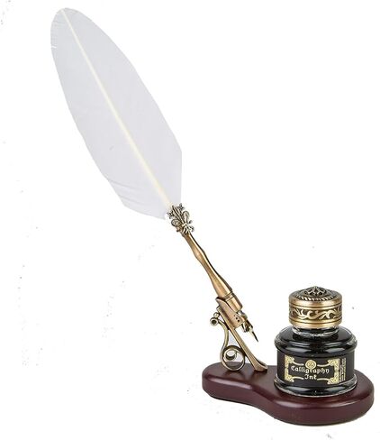 Nostalgic Impressions Feather Quill Pen & Wood Stand Desk Set with Ink (Black) in Saudi Arabia