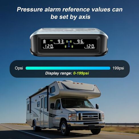 Ta6 Wireless Solar TPMS, RV Tire Pressure Monitoring System with Signal Booster, 0-188 PSI for Truck Camper Trailer, Color LCD Display, 6 Alarms, Dual Axle Custom PSI Setting (4 Sensors) in Kuwait