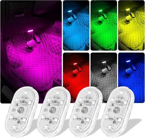 4PCS Wireless Car Led Interior Lights with Touch Control, 7 Colors Magnetic Car Dome Lamp, USB Rechargeable Cordless Footwell Ambient Light for Cars Truck Van,Cabinet, Wardrobe in Kuwait