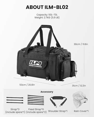 ILM Motorcycle Tail Bag 50-70L Travel Luggage Motorbike Rear Rack Trunk Shoulder Backpack with Rain Cover Model BL02 in Kuwait
