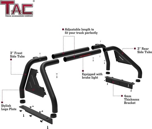 TAC T1 Sport Bar Roll Bar متوافق مع شاحنة بيك اب التندرا 2007-2026 بالحجم الكامل | الكربون الصلب الأسود | مع ضوء الفرامل (تشمل لوحة جبل ضوء LED) in Kuwait