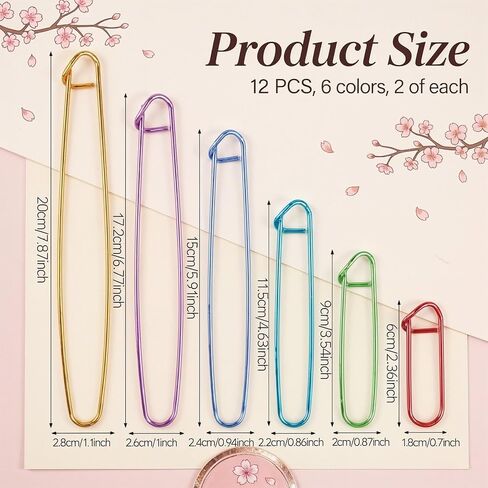 HJZHII 12Pcs Knitting Stitch Holders, 6 Size Colorful Crochet Stitch Holders Aluminum Yarn Knitting Stitch Holder Needle Marker Aid Large Safety Pins for Quilting, Sewing, and Knitting in Kuwait