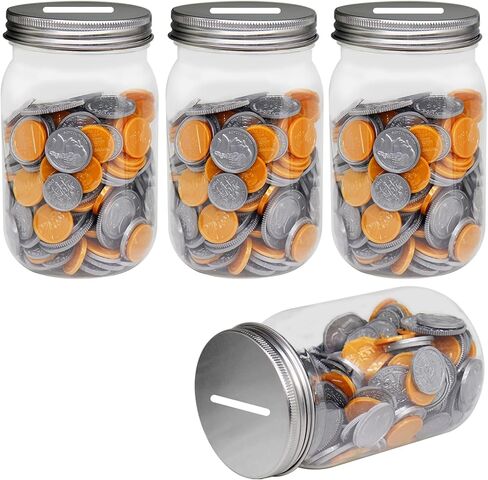 الجرار البنك عملة صغيرة 4-حزمة، 16oz البلاستيك الشفاف عملة النقود المعدنية الجرار عملة مع أغطية مشقوقة فضية، صغيرة من البلاستيك الشفاف عملة المال أصبع البنوك ميسون الجرار للبالغين المراهقين الأطفال الفتيات الفتيان in Kuwait
