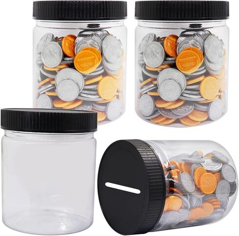 Small Coin Bank 4-Pack, 16oz Clear Plastic Money Jars With Black Slotted Lids, Transparent Piggy Banks for Adults, Teens, Kids, Girls, Boys in Kuwait