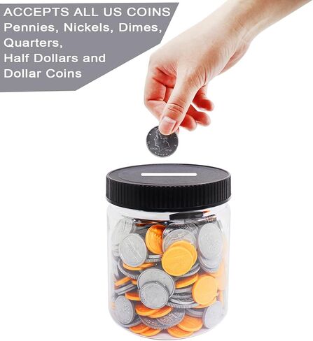 Small Coin Bank 4-Pack, 16oz Clear Plastic Money Jars With Black Slotted Lids, Transparent Piggy Banks for Adults, Teens, Kids, Girls, Boys in Kuwait