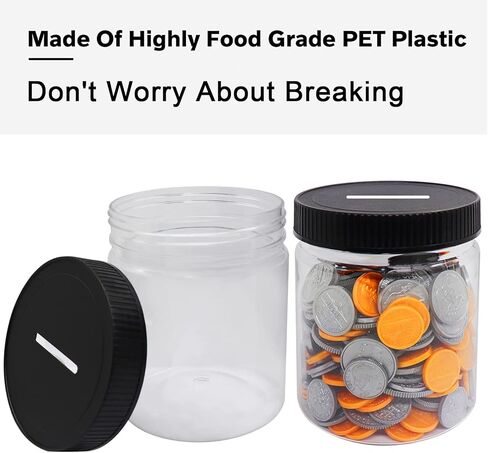 Small Coin Bank 4-Pack, 16oz Clear Plastic Money Jars With Black Slotted Lids, Transparent Piggy Banks for Adults, Teens, Kids, Girls, Boys in Kuwait