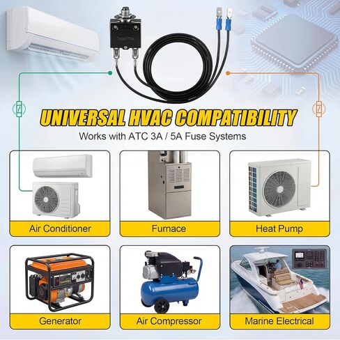 HVAC Fuse Popper 3 AMP & 5 AMP مجموعة الصمامات القابلة لإعادة الضبط، جهاز اختبار قاطع الدائرة لتشخيص التدفئة والتهوية وتكييف الهواء، 24 فولت تيار متردد/تيار مستمر 125/250 فولت تيار متردد، مع 15 صمامًا صغيرًا ومشبكي تمساح 17.5 بوصة 14AWG in Kuwait