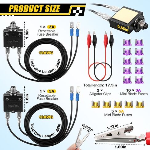 HVAC Fuse Popper 3 AMP & 5 AMP مجموعة الصمامات القابلة لإعادة الضبط، جهاز اختبار قاطع الدائرة لتشخيص التدفئة والتهوية وتكييف الهواء، 24 فولت تيار متردد/تيار مستمر 125/250 فولت تيار متردد، مع 15 صمامًا صغيرًا ومشبكي تمساح 17.5 بوصة 14AWG in Kuwait