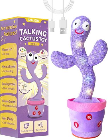 SANJOIN Rechargeable Dancing Talking Cactus Toy for Baby Toddlers, Baby Cactus Toy Volume Adjustable, Singing, Mimicking & Recording, Interactive Plush, Stable Base, Baby Toys Gifts for Girls Boys in Kuwait