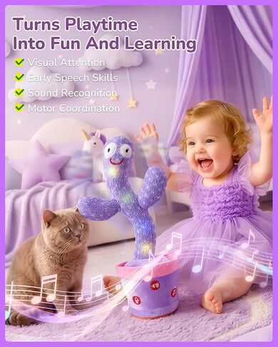 SANJOIN Rechargeable Dancing Talking Cactus Toy for Baby Toddlers, Baby Cactus Toy Volume Adjustable, Singing, Mimicking & Recording, Interactive Plush, Stable Base, Baby Toys Gifts for Girls Boys in Kuwait