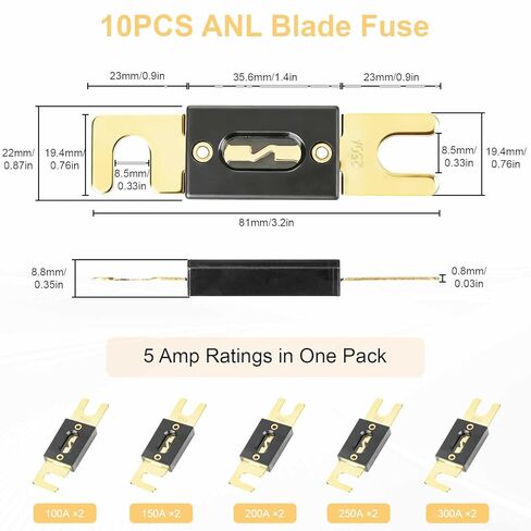 Linkstyle 10 قطع ANL Fuse 100A 150A 200A 250A 300A، 32V DC سبائك الزنك المطلية بالذهب عالية التيار ANL Blade Fuses لمضخم صوت السيارة، البحرية، RV، القارب، الشاحنة، العاكس in Kuwait