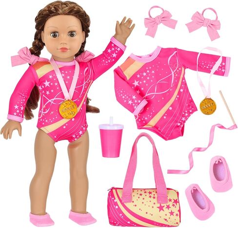UNICORN ELEMENT 18 Inch Doll Gymnastics Clothes Set - Accessories for 18 Inch Dolls, Total 8 Pcs - Star Shaped Pattern Leotard, Gym Bag Headband, Gift for Girls (No Dolls) in Kuwait