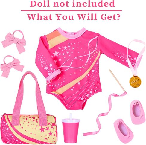 UNICORN ELEMENT 18 Inch Doll Gymnastics Clothes Set - Accessories for 18 Inch Dolls, Total 8 Pcs - Star Shaped Pattern Leotard, Gym Bag Headband, Gift for Girls (No Dolls) in Kuwait