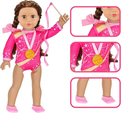 UNICORN ELEMENT 18 Inch Doll Gymnastics Clothes Set - Accessories for 18 Inch Dolls, Total 8 Pcs - Star Shaped Pattern Leotard, Gym Bag Headband, Gift for Girls (No Dolls) in Kuwait