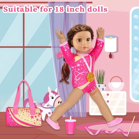 UNICORN ELEMENT 18 Inch Doll Gymnastics Clothes Set - Accessories for 18 Inch Dolls, Total 8 Pcs - Star Shaped Pattern Leotard, Gym Bag Headband, Gift for Girls (No Dolls) in Kuwait
