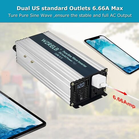 WZRELB 800W Pure Sine Wave Inverter 12V DC to 110V 120V AC Power Converter with LED Display, Remote Controller, Off-Grid Power Inverter 1600W Surge for Home, RV, Truck, Camping in Kuwait
