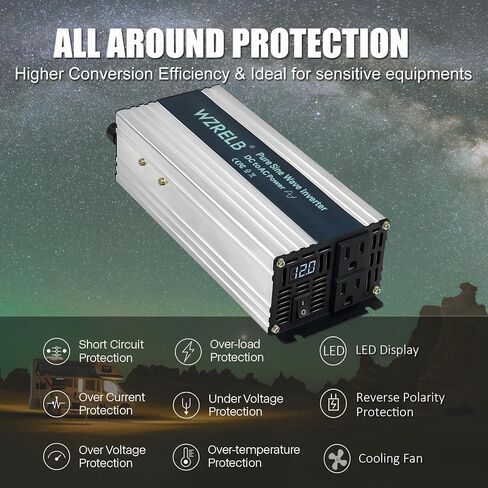 WZRELB 800W Pure Sine Wave Inverter 12V DC to 110V 120V AC Power Converter with LED Display, Remote Controller, Off-Grid Power Inverter 1600W Surge for Home, RV, Truck, Camping in Kuwait
