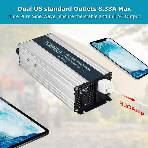 WZRELB 1000W Pure Sine Wave Inverter 24V DC to 110V 120V AC Power Converter with LED Display, Remote Controller, Off-Grid Power Inverter 2000W Surge for Home, RV, Truck, Camping in Kuwait