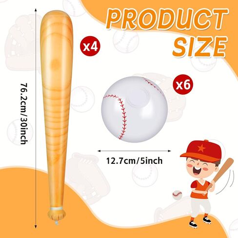 10 Pieces Inflatable Baseball Set, Including 4 Piece 30 Inch Baseball Bat and 6 Piece 5 Inch Beach Baseball, Sports Party Decorations for Kid Adult Pool & Beach Sports Games in Kuwait
