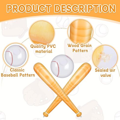 10 Pieces Inflatable Baseball Set, Including 4 Piece 30 Inch Baseball Bat and 6 Piece 5 Inch Beach Baseball, Sports Party Decorations for Kid Adult Pool & Beach Sports Games in Kuwait