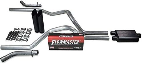 Truck Exhaust Kits - Shop Line dual exhaust system 2.5" Aluminized pipe Flowmaster Super 44 Muffler 2.5" With Slash Cut Black Tips and Corner Exit Fits Silverado, Fits Sierra, Fits F-Series,& Fits Ram in Kuwait
