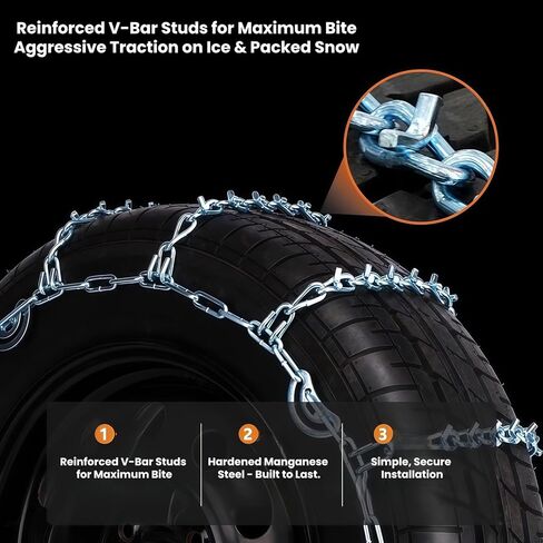 سلاسل الجليد والثلج Super Grip V-Bar 2 حزمة للسيارات وسيارات الدفع الرباعي - إطار من 16 بوصة إلى 21 بوصة مضاد للانزلاق للثلج والثلج، سلاسل جر الإطارات سهلة التركيب من سبائك الصلب المنغنيز مصممة لتدوم طويلاً in Kuwait