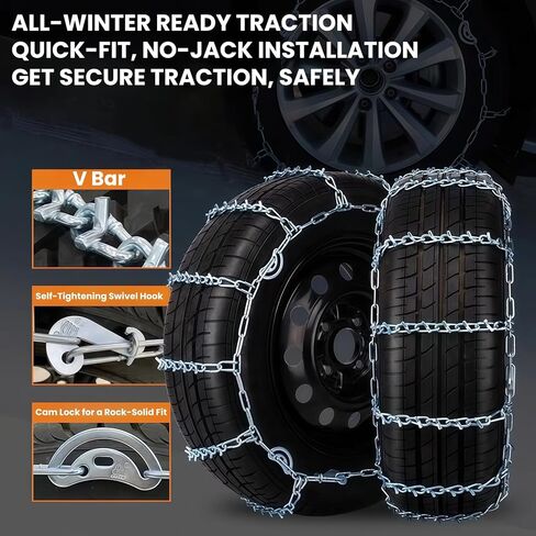 سلاسل الجليد والثلج Super Grip V-Bar 2 حزمة للسيارات وسيارات الدفع الرباعي - إطار من 16 بوصة إلى 21 بوصة مضاد للانزلاق للثلج والثلج، سلاسل جر الإطارات سهلة التركيب من سبائك الصلب المنغنيز مصممة لتدوم طويلاً in Kuwait