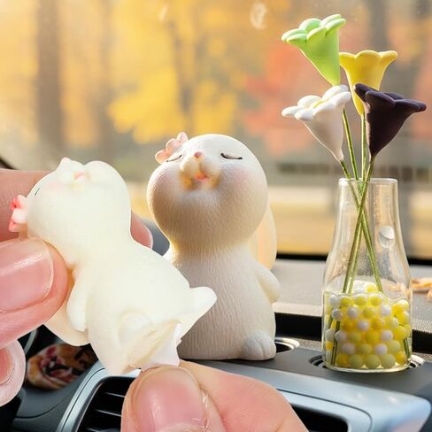 Bremorou Flowers for Dash Car Cute Bunny Daisy Flower Car Interior Dashboard Accessories Decorations Funny Kawaii Bunny Dash Decor Rearview Mirror Window Ornament Gifts for Women Men Set of 2 in Kuwait