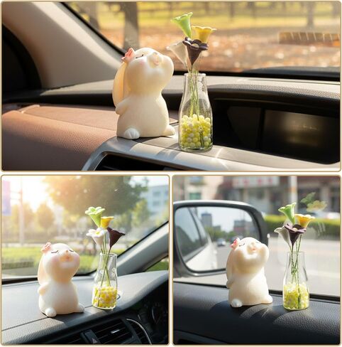 Bremorou Flowers for Dash Car Cute Bunny Daisy Flower Car Interior Dashboard Accessories Decorations Funny Kawaii Bunny Dash Decor Rearview Mirror Window Ornament Gifts for Women Men Set of 2 in Kuwait