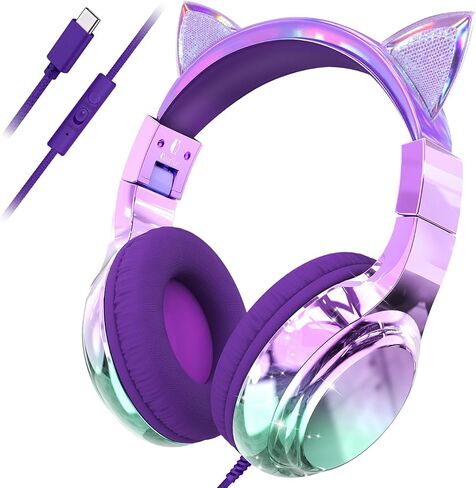 QearFun USB C Kids Cat Ear Wired Headphones with Mic, 85/94dB Volume Limit | Kids headphones with cord, foldable on-ear fit, tangle-free, sharing port for school, Chromebook, tablet, travel, boys girls in Kuwait