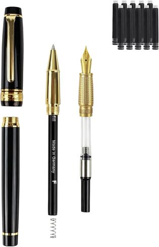 Fountain Pen & Rollerball Pen Set, 2-in-1 Luxury Writing Pen with F Iridium Fountain Pen Nib & 0.5mm Schmidt Rollerball Nib, Refillable Ink Cartridge & Converter, Brass Body with 24K Gold Accents in Kuwait
