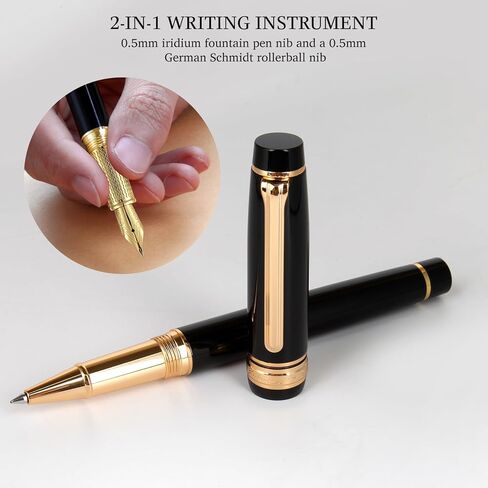 Fountain Pen & Rollerball Pen Set, 2-in-1 Luxury Writing Pen with F Iridium Fountain Pen Nib & 0.5mm Schmidt Rollerball Nib, Refillable Ink Cartridge & Converter, Brass Body with 24K Gold Accents in Kuwait