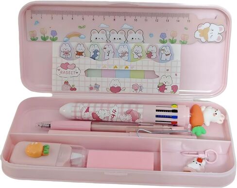 9 Pcs Cute Pink Stationery Set Carrot Rabbit Kawaii Office Supplies Including Pens Pencil Eraser Ruler Correction Tape Bunney Keychain and sticky notes in Kuwait