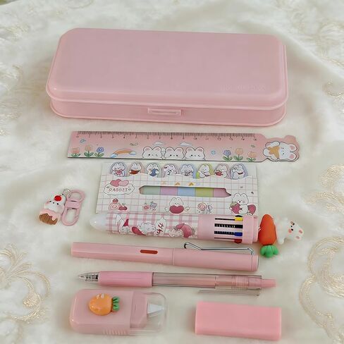 9 Pcs Cute Pink Stationery Set Carrot Rabbit Kawaii Office Supplies Including Pens Pencil Eraser Ruler Correction Tape Bunney Keychain and sticky notes in Kuwait