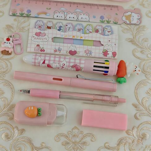 9 Pcs Cute Pink Stationery Set Carrot Rabbit Kawaii Office Supplies Including Pens Pencil Eraser Ruler Correction Tape Bunney Keychain and sticky notes in Kuwait