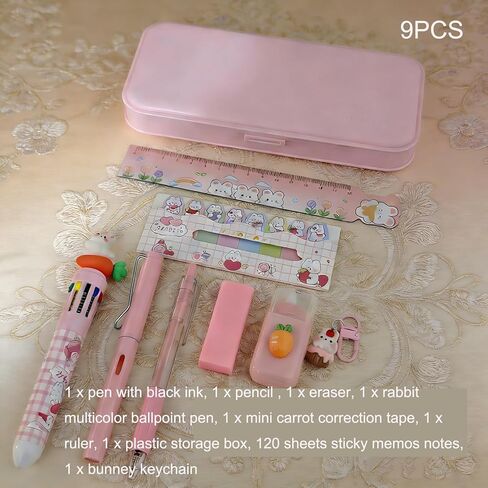 9 Pcs Cute Pink Stationery Set Carrot Rabbit Kawaii Office Supplies Including Pens Pencil Eraser Ruler Correction Tape Bunney Keychain and sticky notes in Kuwait